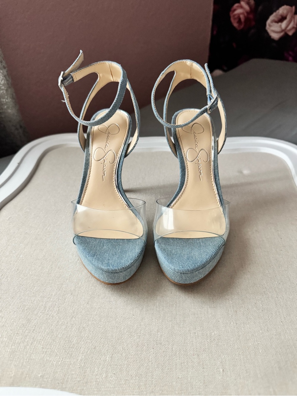 Jessica Simpson Light Blue Denim Platform Sandals with Clear Strap